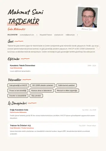 Gıda Mühendisi CV Örnekleri cv indir